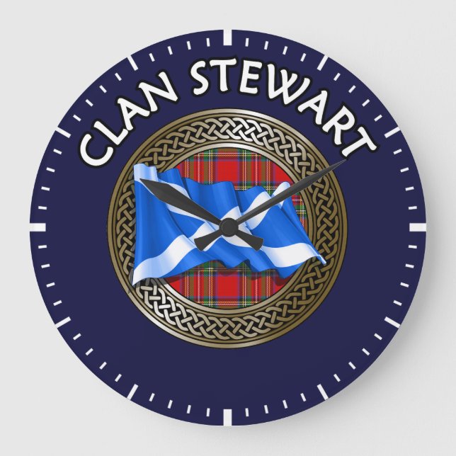 Clan Stewart Tartan Knot & Flag Large Clock (Front)