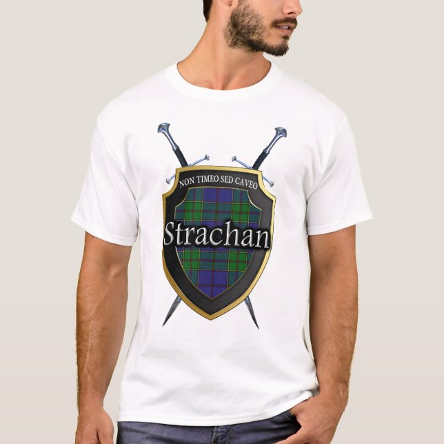 Clan Strachan Tartan Plaid Shield & Swords T-Shirt (Front)