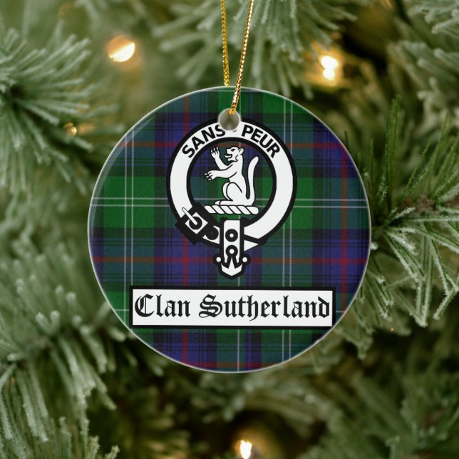 Clan Sutherland Crest Badge & Tartan Customisable Ceramic Tree Decoration (Tree)