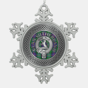 Clan Sutherland Crest & Tartan Knot Snowflake Pewter Christmas Ornament