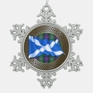 Clan Sutherland Tartan Knot & Flag Snowflake Pewter Christmas Ornament