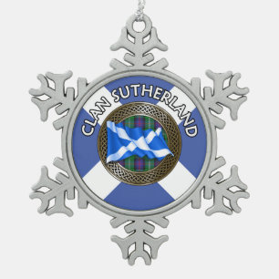Clan Sutherland Tartan Knot & Flag Snowflake Pewter Christmas Ornament
