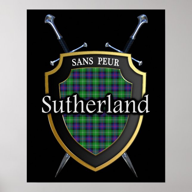Clan Sutherland Tartan Scottish Shield & Swords Poster (Front)