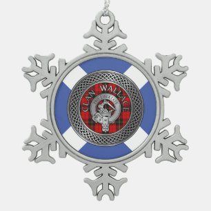 Clan Wallace Crest & Tartan Knot Snowflake Pewter Christmas Ornament