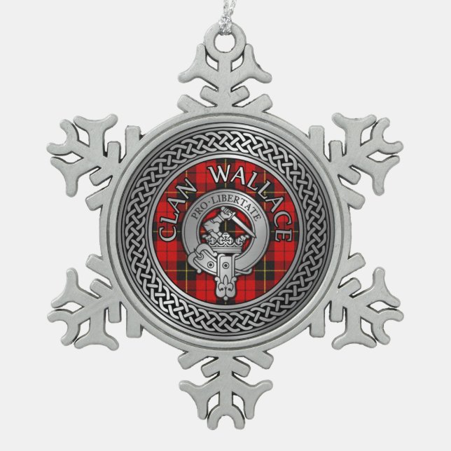 Clan Wallace Crest & Tartan Knot Snowflake Pewter Christmas Ornament (Front)