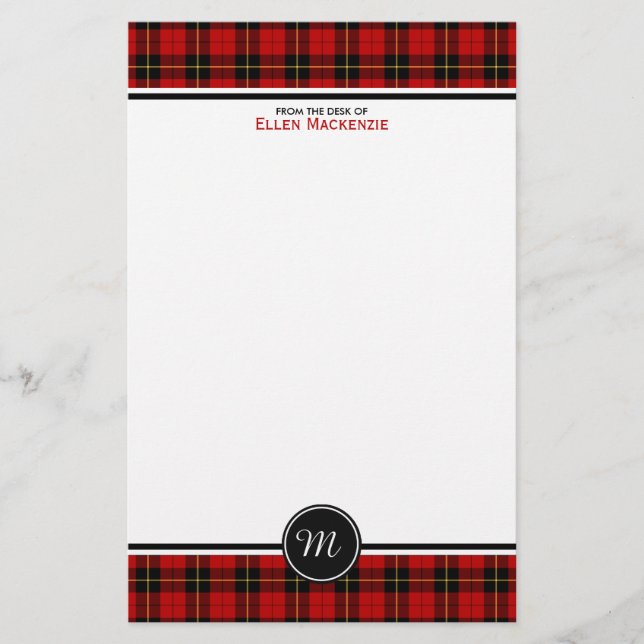 Clan Wallace Tartan Classic Red Plaid Monogram Stationery (Front)