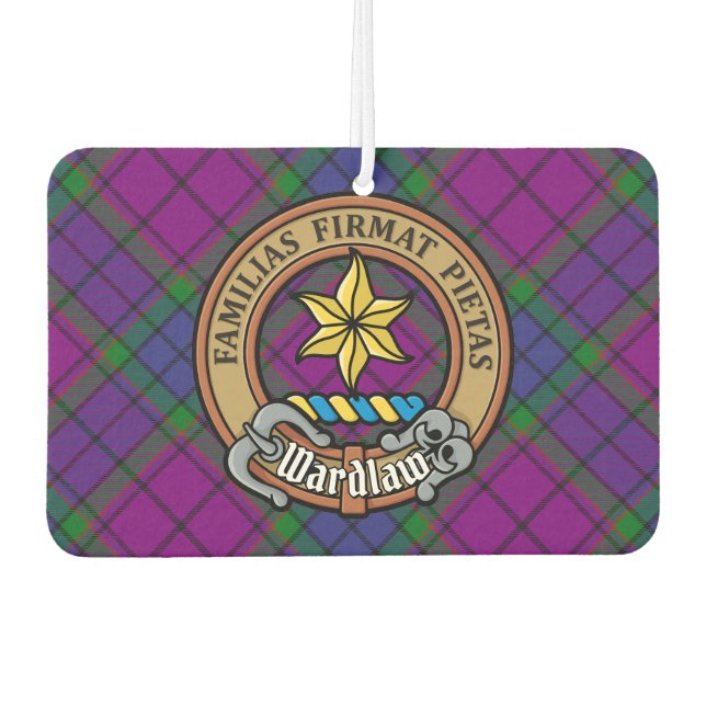Clan Wardlaw Crest over Tartan Car Air Freshener (Front)