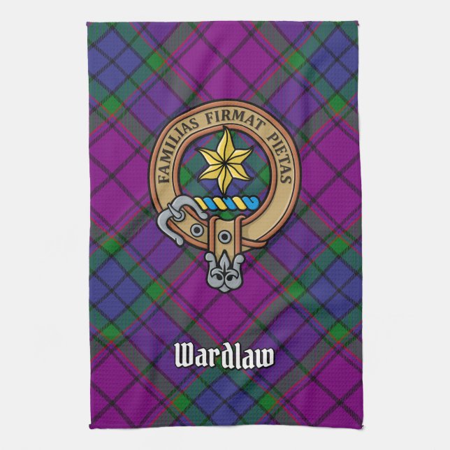 Clan Wardlaw Crest over Tartan Tea Towel (Vertical)