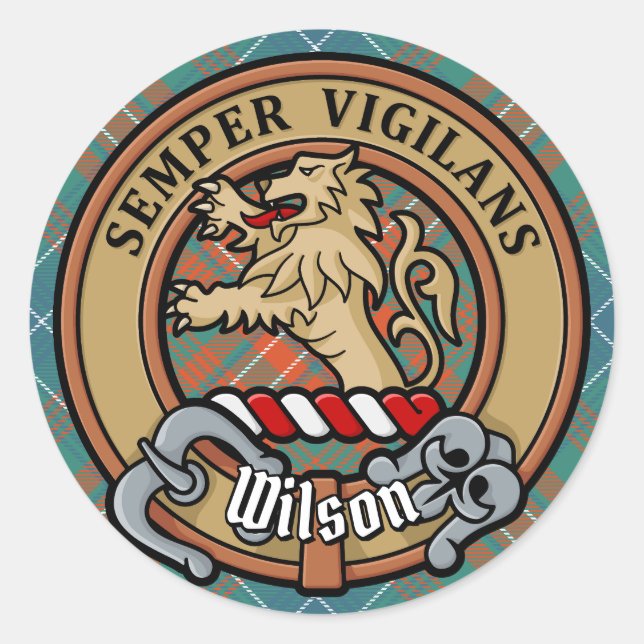 Clan Wilson Crest over Ancient Tartan Classic Round Sticker (Front)