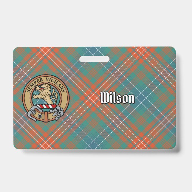 Clan Wilson Crest over Ancient Tartan ID Badge (Front)