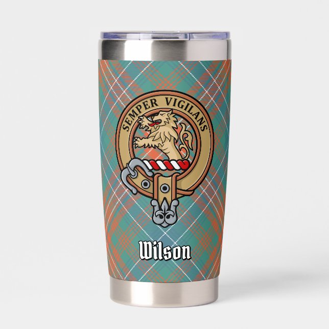 Clan Wilson Crest over Ancient Tartan Insulated Tumbler (Front)