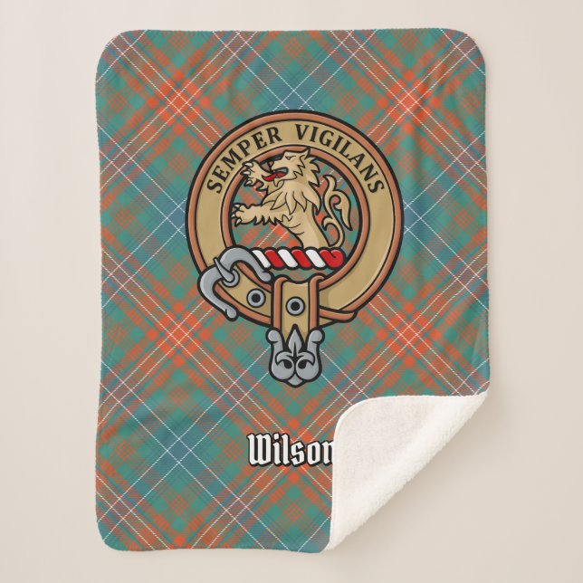 Clan Wilson Crest over Ancient Tartan Sherpa Blanket (Front)