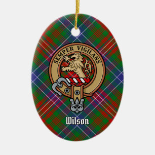 Clan Wilson Crest over Modern Tartan Ceramic Tree Decoration