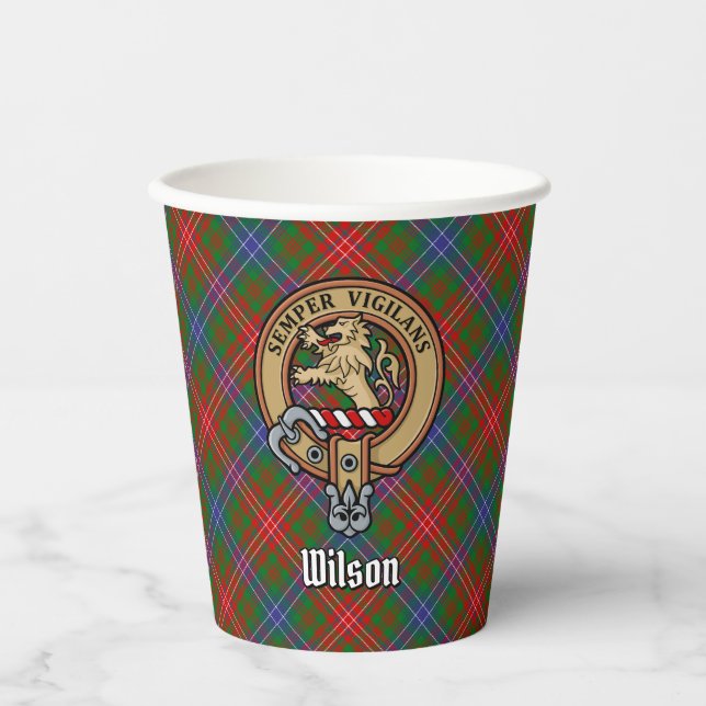 Clan Wilson Crest over Modern Tartan Paper Cups (Front)