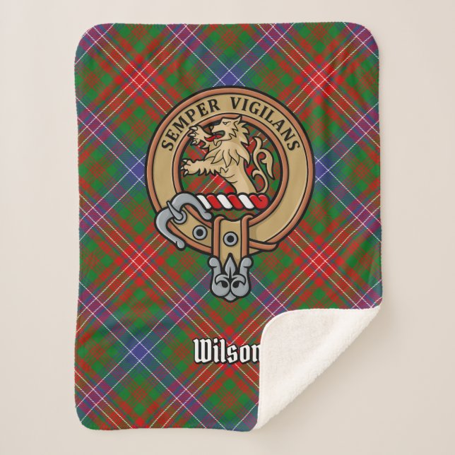 Clan Wilson Crest over Modern Tartan Sherpa Blanket (Front)
