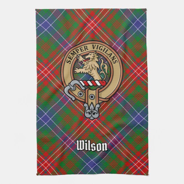 Clan Wilson Crest over Modern Tartan Tea Towel (Vertical)