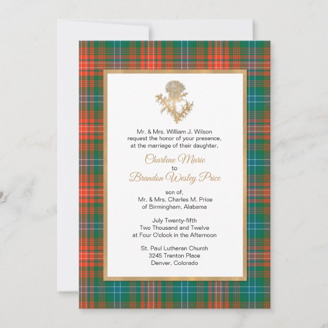 Clan Wilson Plaid Thistle Wedding Invitation (Front)