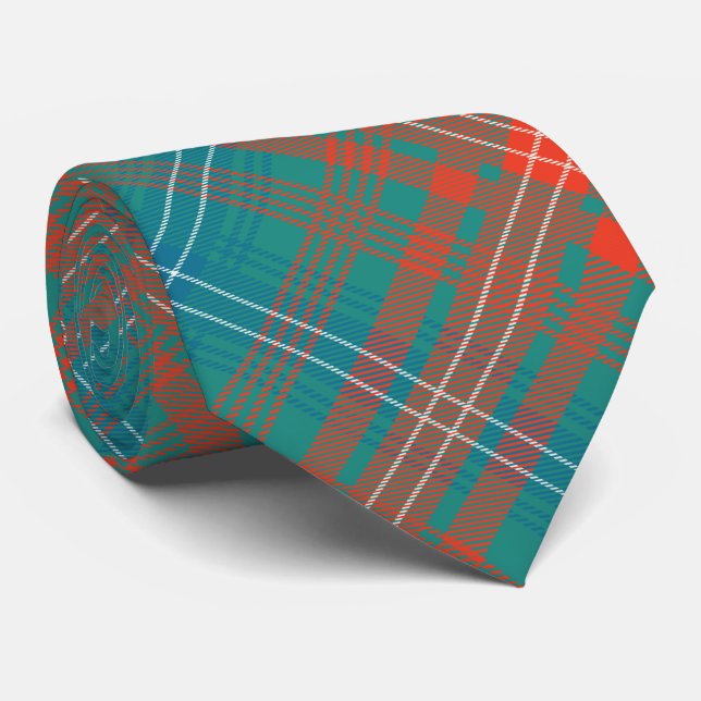 Clan Wilson Tartan Plaid Orange Turquoise Pattern Tie (Rolled)