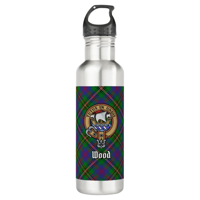Clan Wood Crest over Tartan 710 Ml Water Bottle (Front)