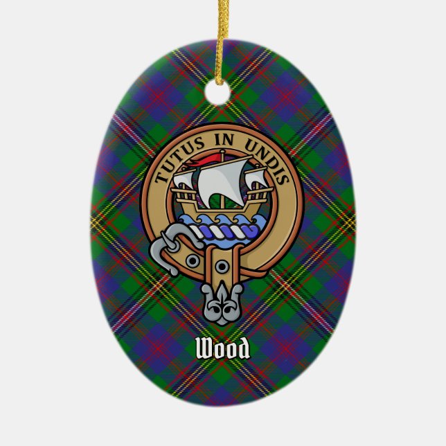 Clan Wood Crest over Tartan Ceramic Tree Decoration (Front)