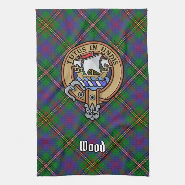 Clan Wood Crest over Tartan Tea Towel (Vertical)