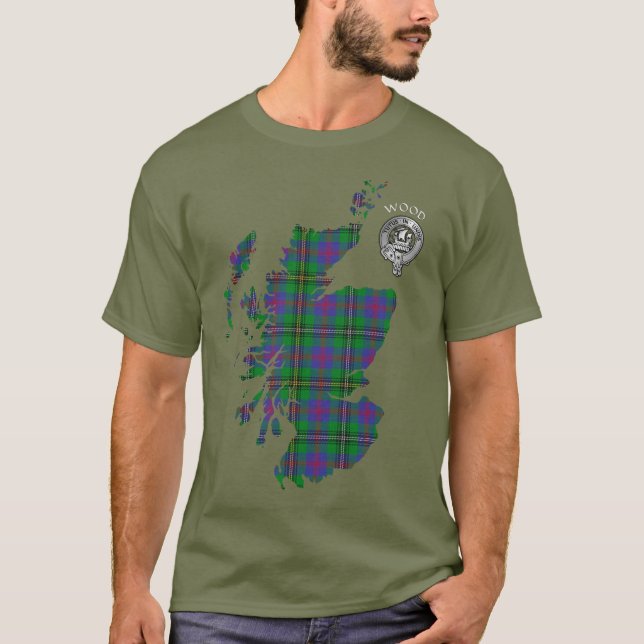 Clan Wood Crest & Tartan Map T-Shirt (Front)