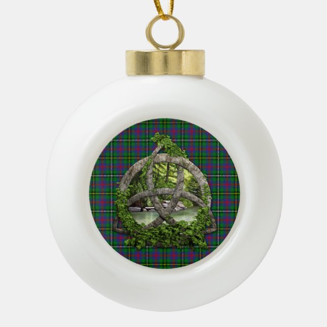 Clan Wood Tartan Celtic Trinity Ceramic Ball Christmas Ornament (Front)