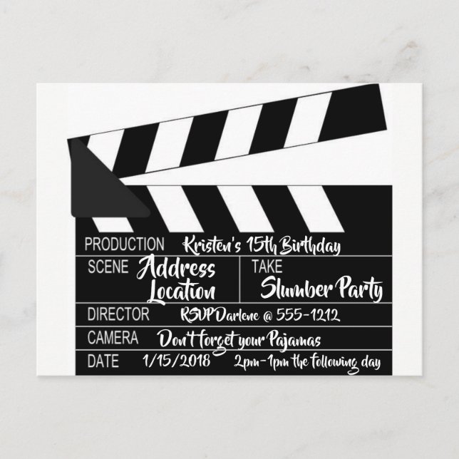 Clapperboard Postcard Personalised Invitation (Front)