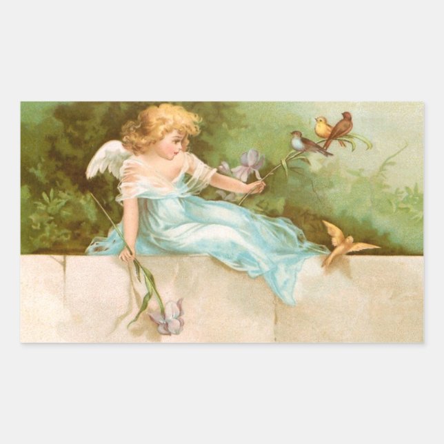 Clapsaddle: Angel Playing with Birds Rectangular Sticker (Front)