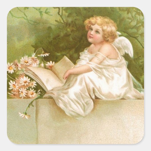 Clapsaddle: Angel with Book and Flowers Square Sticker (Front)