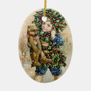 Clapsaddle: Holly Boy with Teddy Ceramic Tree Decoration