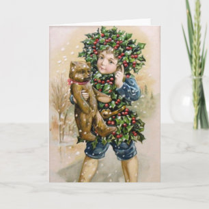 Clapsaddle: Holly Boy with Teddy Holiday Card