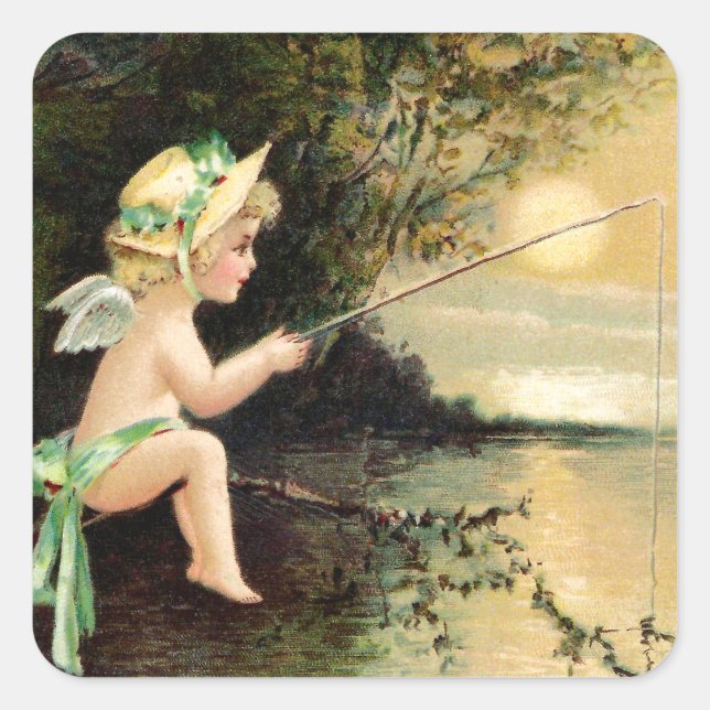 Clapsaddle: Little Cherub with Fishing Rod Square Sticker (Front)