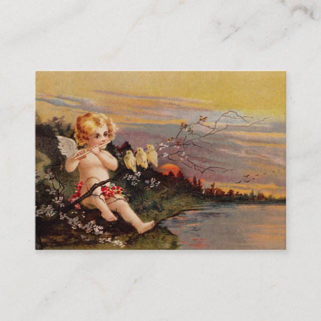 Clapsaddle: Little Cherub with Flute and Birds Business Card (Front)