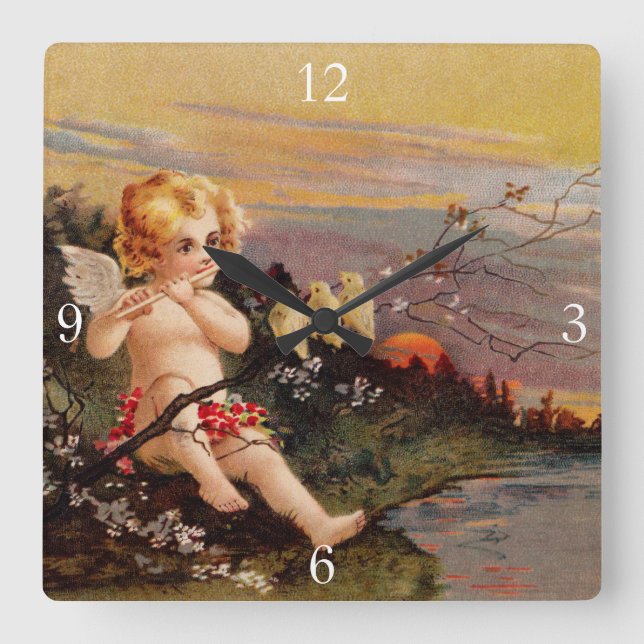 Clapsaddle: Little Cherub with Flute and Birds Square Wall Clock (Front)