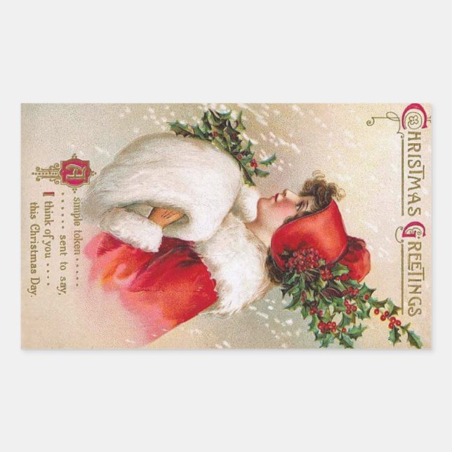 Clapsaddle: Winter Girl with Holly Hat Rectangular Sticker (Front)