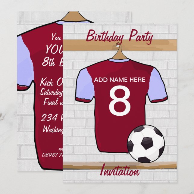 Claret and Blue Soccer Jersey Birthday Party Invitation (Front/Back)