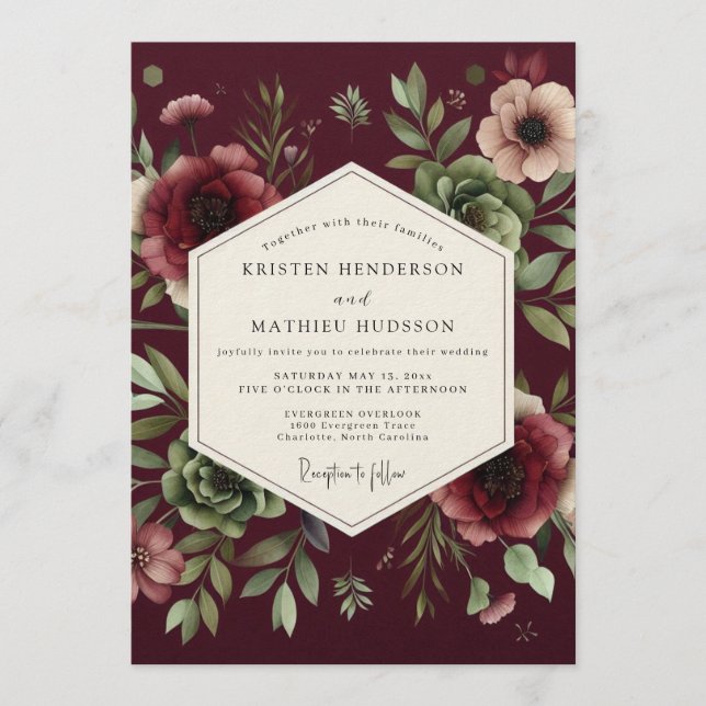 Claret Dramatic Bloom Wedding Invitation (Front)
