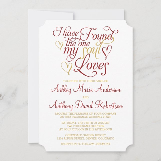 Claret Gold Soul Loves Heart Wedding Invitation (Front)