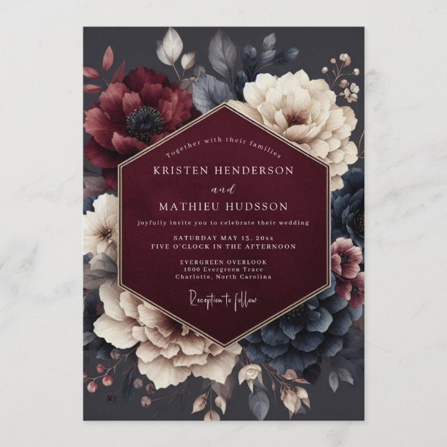 Claret Midnight Flora Wedding Invitation (Front)