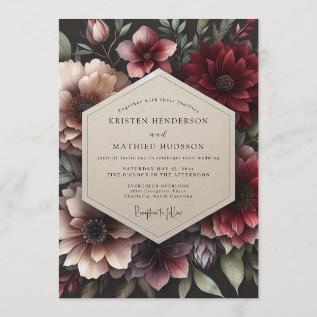 Claret Opulent Flora Wedding Invitation (Front)