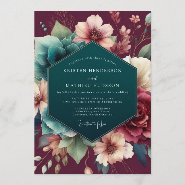 Claret Teal Dutch Masters Wedding Invitation (Front)