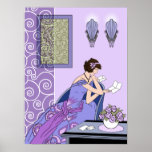Clarice's Letter - Art Deco Fashion Design Poster<br><div class="desc">Clarice sits in her evening gown in a modern art deco chair, reading a letter. Her dress has a contrasting sash and stylized 1920s florals on the skirt. In the background are scalloped wall sconces, swirling white metalwork and a framed picture with matching swirls. The artwork on the wall simulates...</div>