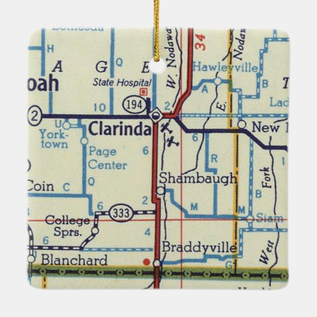 Clarinda IA Vintage Map Ceramic Ornament (Back)