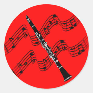 Clarinet, colourful red background, classic round sticker