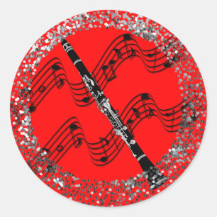 Clarinet, colourful red background,  classic round sticker