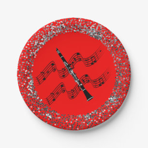 Clarinet, colourful red background,  paper plate