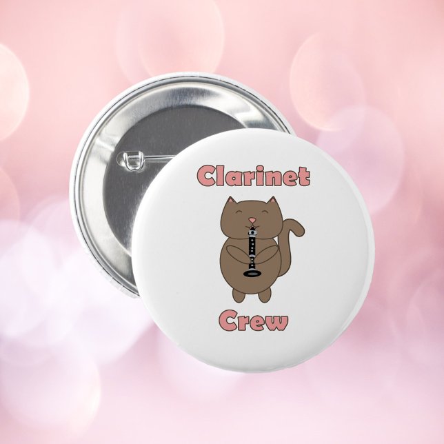 Clarinet Crew Brown Cat Pink Funny 6 Cm Round Badge (A pin back button with a cat playing the clarinet and the words clarinet crew in pink)