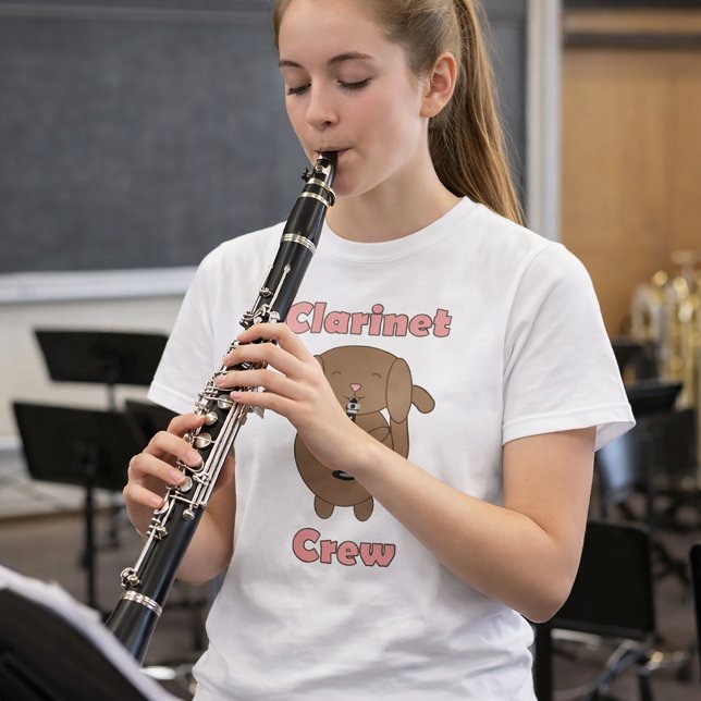 Clarinet Crew Brown Dog Funny T-Shirt (A shirt with a dog playing the clarinet and the words Clarinet Crew in pink)