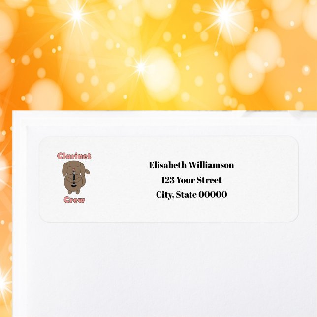 Clarinet Crew Cute Brown Dog Personalise Return (A return address label with a dog playing the clarinet.)